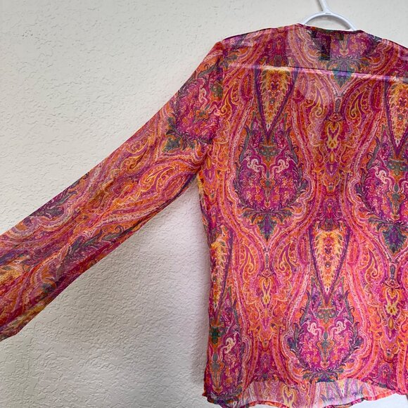 LRL Ralph Lauren Silk Chiffon Sheer Paisley Blouse Top Size M Petite Multicolor - Picture 4 of 12